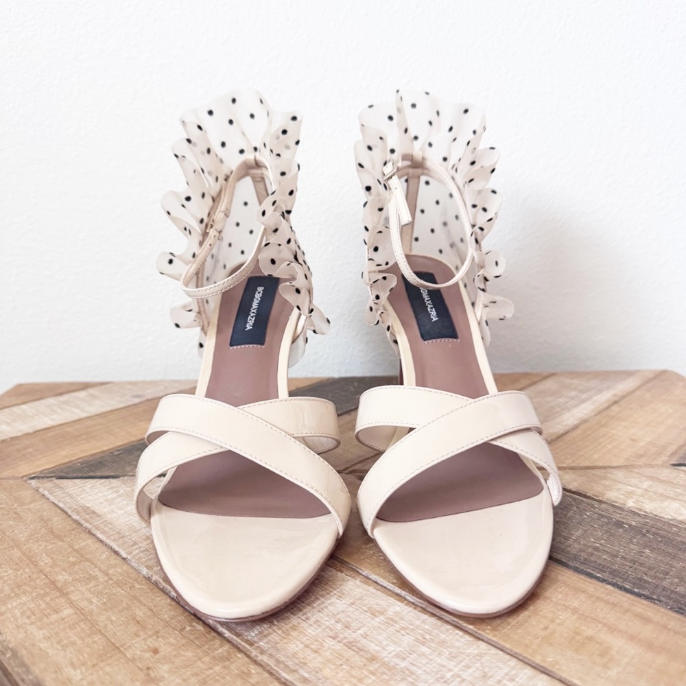 BCBGMaxazria Stella Sandal Cream Ruffle Polka Dot Heels - Picture 6 of 14